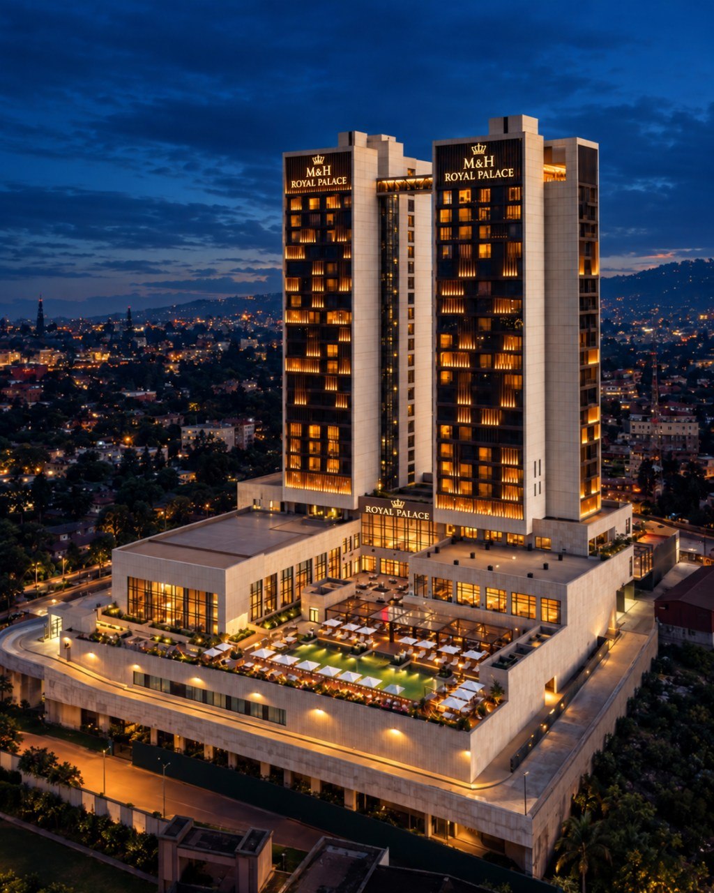 Marriott hotel tower with warm golden lights overlooking the city at blue hour
